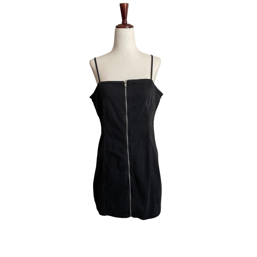 VTG Y2K Black Denim Full Zip Front Mini Dress Large Stretch Goth Indie Grunge